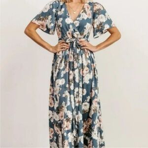 Baltic Born Dress Women's MED Blue Floral Wrap Maxi Satin Sicily Blue bridesmaid